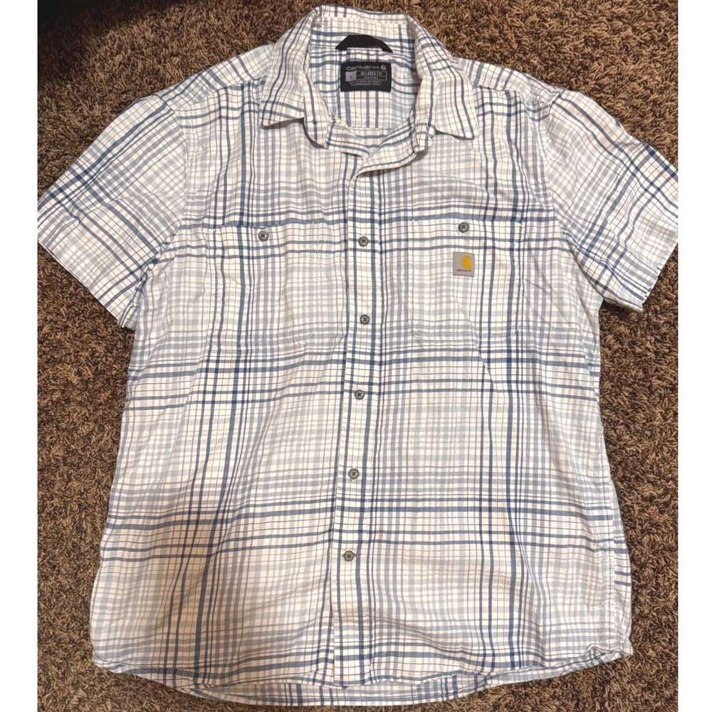 Carhartt Mens Relaxed Fit Short Sleeve Plaid Button Down Shirt Blue TW5701-M